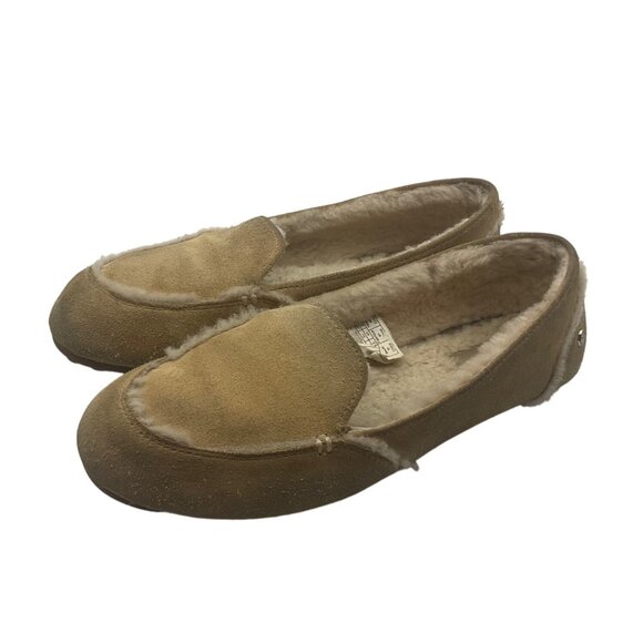 UGG Womens 10 Hailey Cream Tan Suede Shearling Flats Moccasin Slippers - Picture 2 of 14